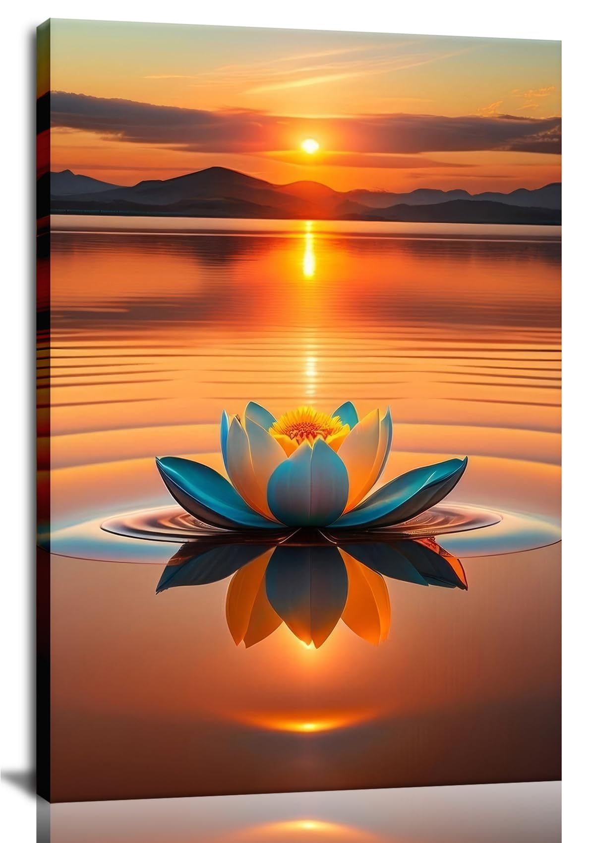 Sunset Lotus Wall Art–Lotus Blooming In The Water,Serene Lake Meditation Canvas Art,Yoga Spa Meditation Room Decor, Modern Spiritual Poster Prints For Zen Office Framed 12"X 16"