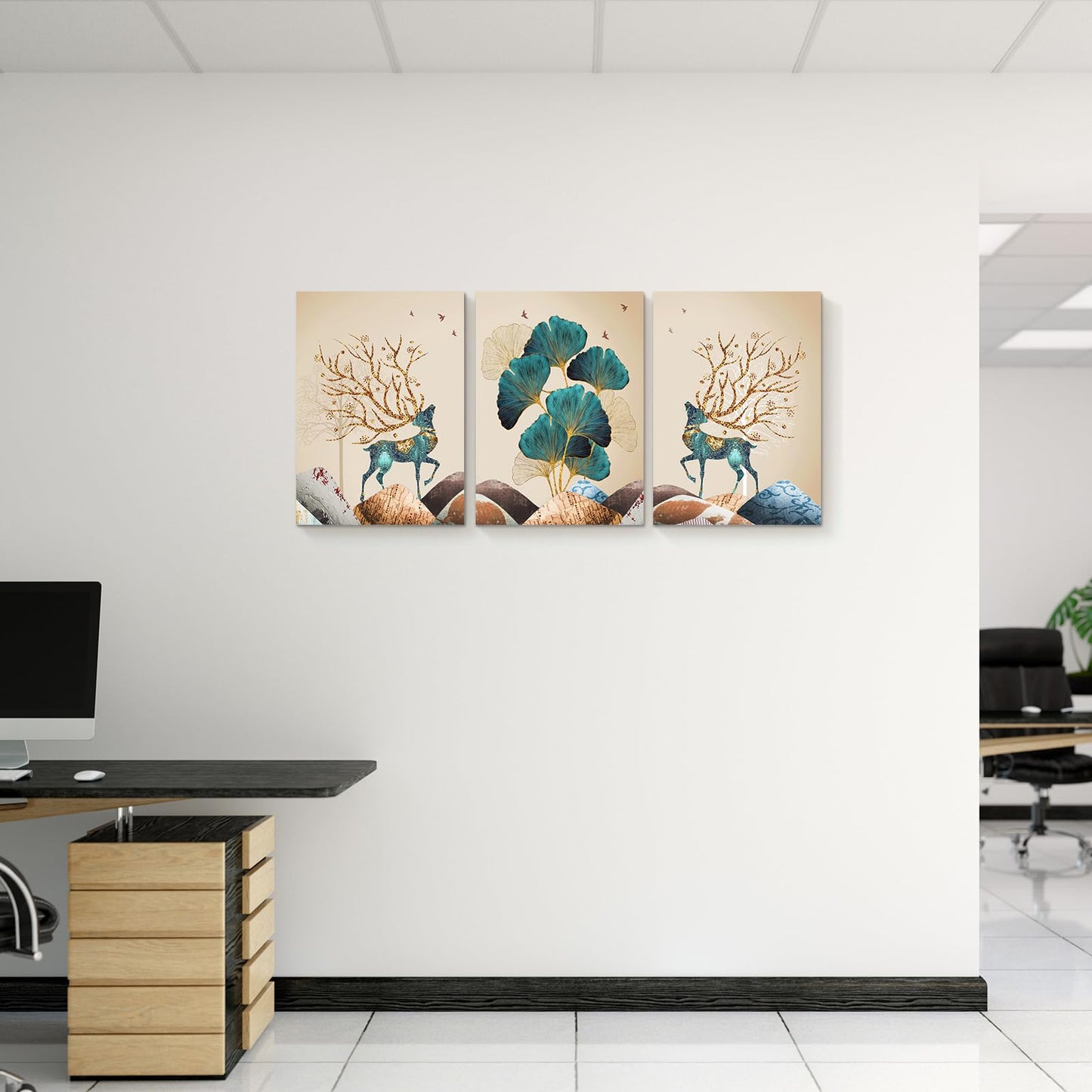 Innvafeli Canvas Painting Wall Art, Ginkgo Elk Modern Wall Art Decoration Posters Prints for Living Room, Bedroom, Office Decor, Kitchen, Bathroom, Modern Wall Decor Paintings, Gallery-Wrapped Canvas Art Set Framed Ready to Hang