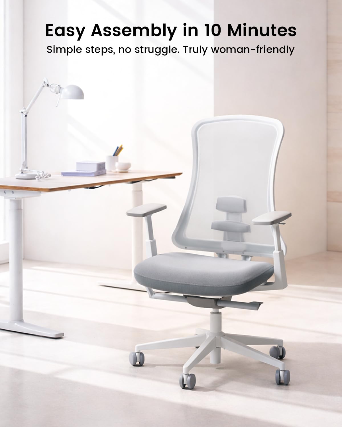 ProtoArc Ergonomic Office Chair - Flexer Pro Mesh Desk Chair with Lumbar Support for Women, Slide Seat & 4D Armrests, Tilt Lock | Stylish & Comfortable for Home Office, Computer Work - White