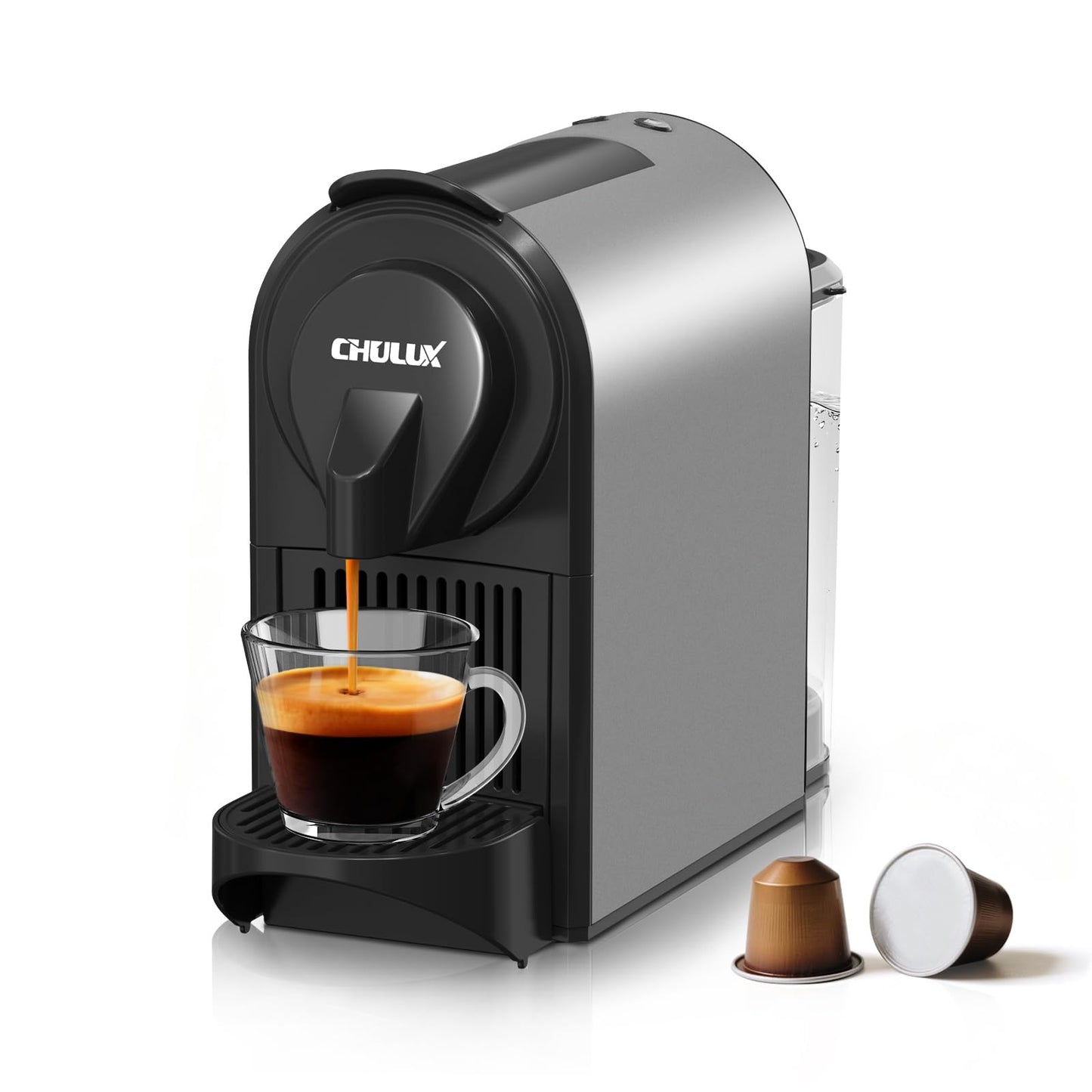 CHULUX Compact Espresso Machine, 20 Bar Single Serve Coffee Maker, Dual Brew Sizes for Espresso and Lungo, 1400W Rapid Brewing, Mystic Gray (Upgrade Model)