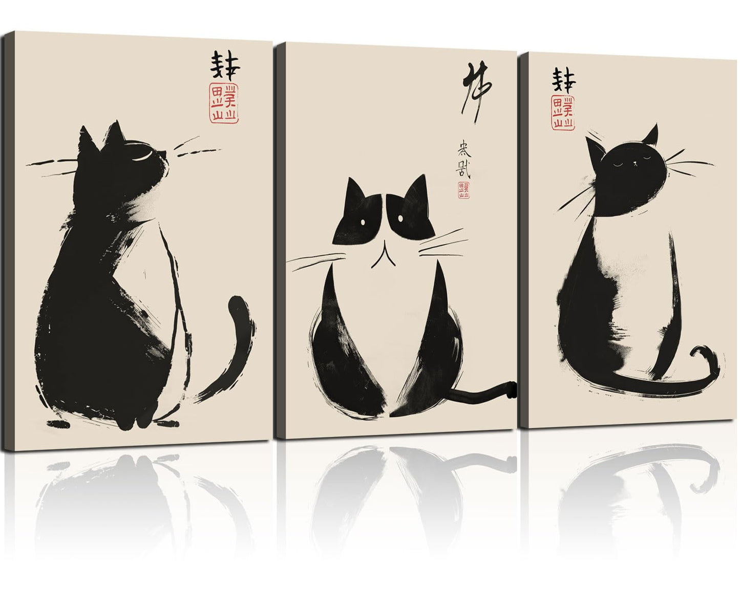 3Pcs Framed Black Cat Japanese Zen Ink Style Cute Funny Animal Wall Art Decor Canvas Print Picture Poster Gallery Bathroom Bedroom Living Room Office 12x16 Inch Ready to Hang