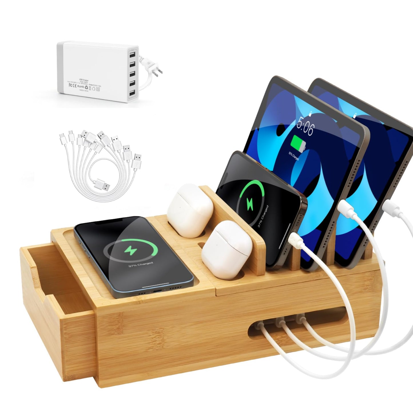 Bamboo Charging Station for Multiple Devices, Desk Charging Organizer with Drawer & Tray, Wood Docking Station for Multi Devices, Cell Phone, Tablet (Included 6 Cables, 5 Port USB Charger)