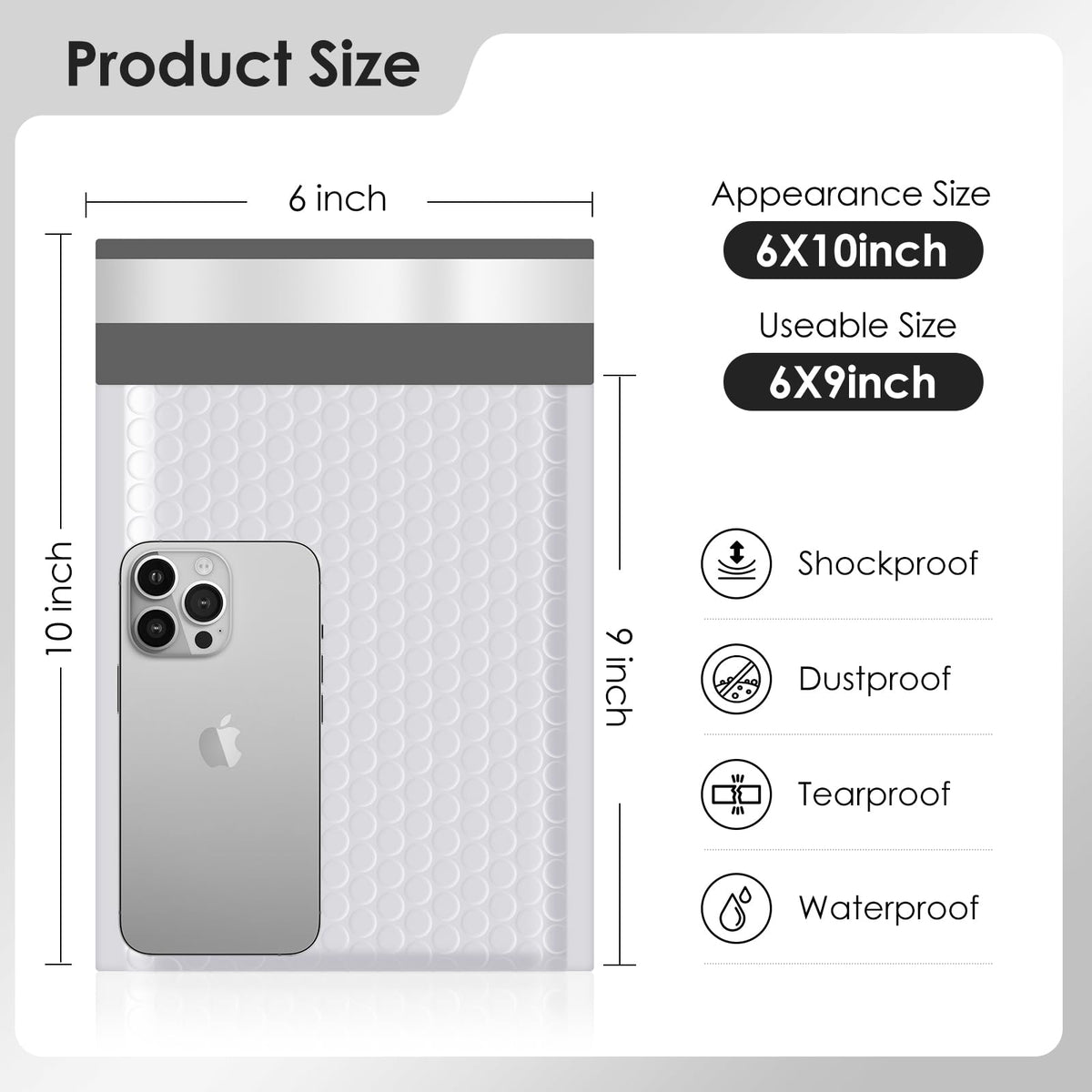 packbabol Bubble Mailers 6x10" 50 Pack Grey and White Padded Envelopes Mailers Waterproof Usable Size 6x9 Self-Seal Padded Mailing Envelopes Bubble Opaque Padded Mailer for Small Businesses，#0