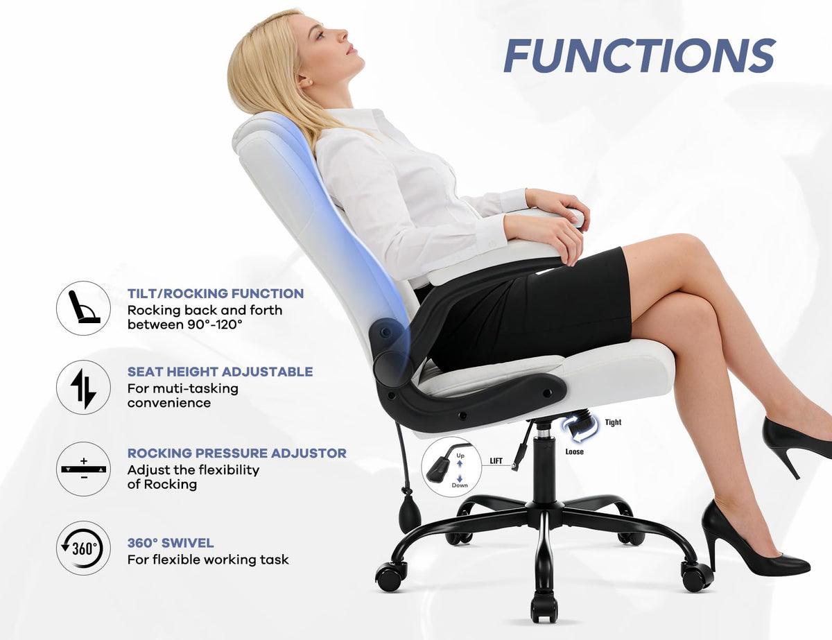 Office Chair with Adjustable Inflatable Lumbar Support,Leather Ergonomic Computer Desk Chair with Flip-up Arms,Adjustable Tilt Lock,Swivel Rolling Executive PC Chair for Work,Study,Meeting.White