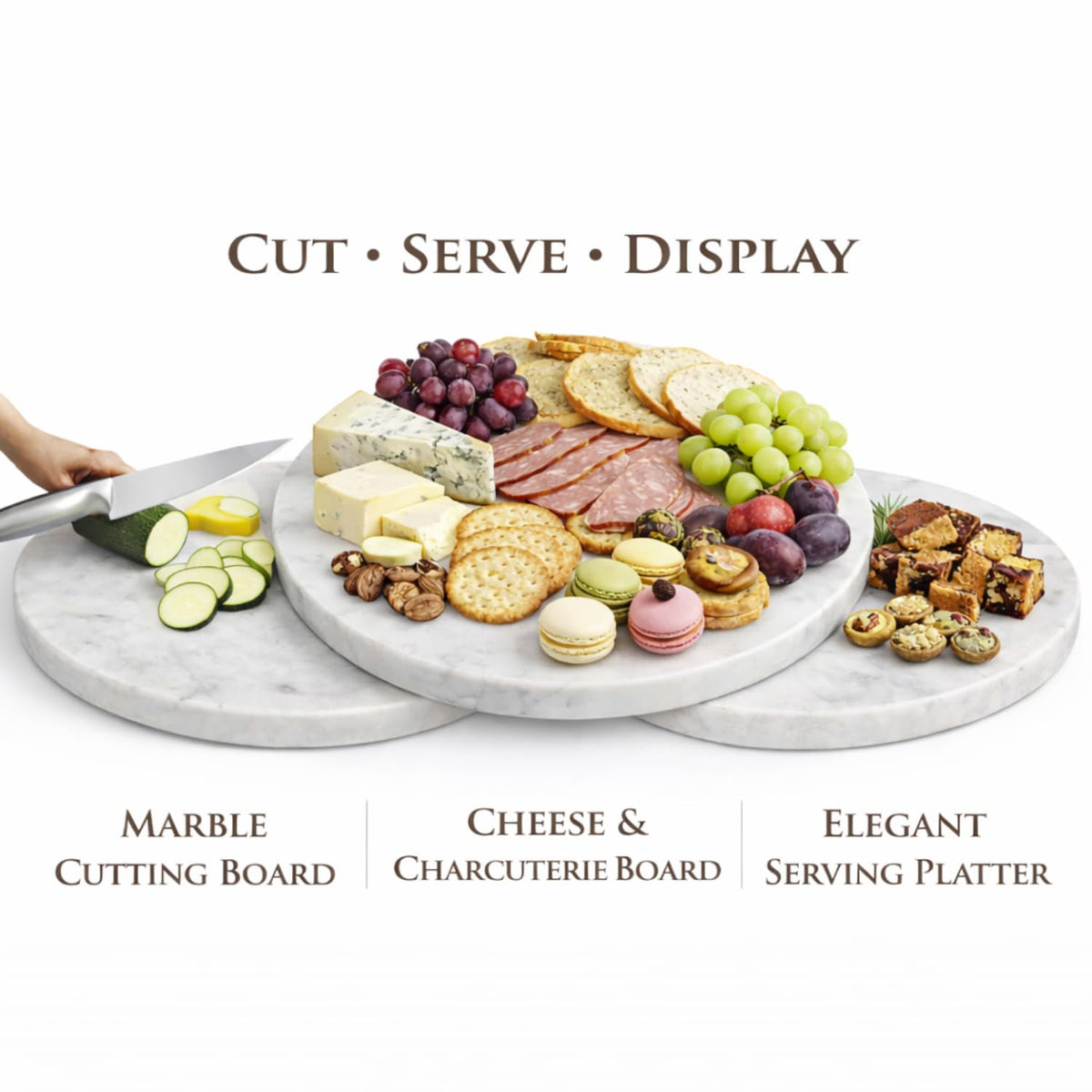 KC KULLICRAFT 11-Inch Round Marble Cheese Board – Solid White Natural Stone Cutting Board & Charcuterie Serving Tray with Non-Slip Feet, 0.5” Thick, Easy to Clean.