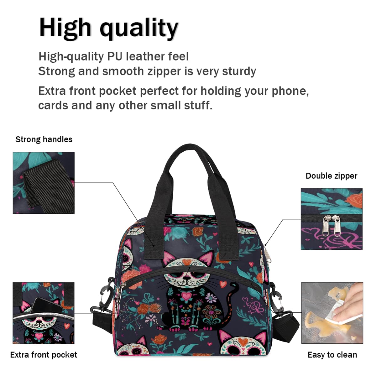 UOYO Lunch Bag Sugar Skull Flower Cat Lunchbox Organizer Insulated Waterproof Men Women Tote Cooler Handbag Adjustable Shoulder Strap for kids Girls Boys School Office Picnic
