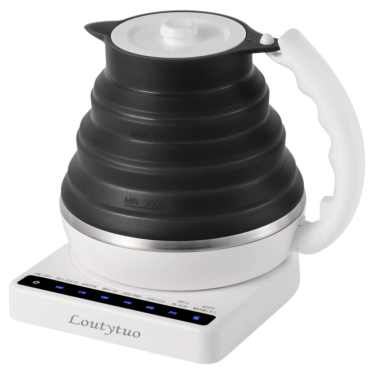 Ultrathin Food Grade Silicone Travel Foldable Electric Kettle Variable Temperature Control with Dual Voltage, Auto Shutoff & Boil Dry Protection & Keep Warm, 555ML 110-220V US Plug (Black)