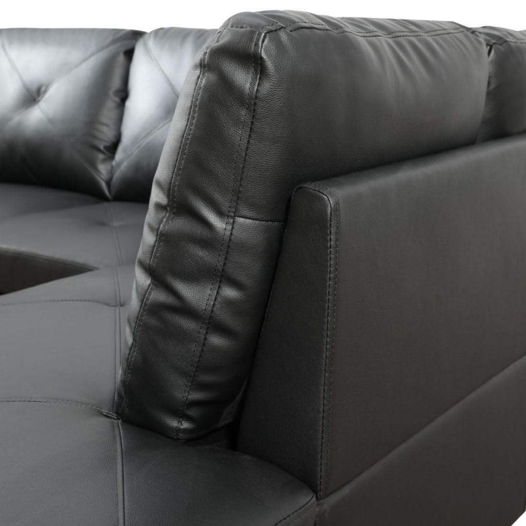 UOCFYK Black L-Shaped 3-Piece Faux Leather Sofa with Storage Ottoman Set, Sectional Couch Sofa Set for Living Room, Office, Small Space