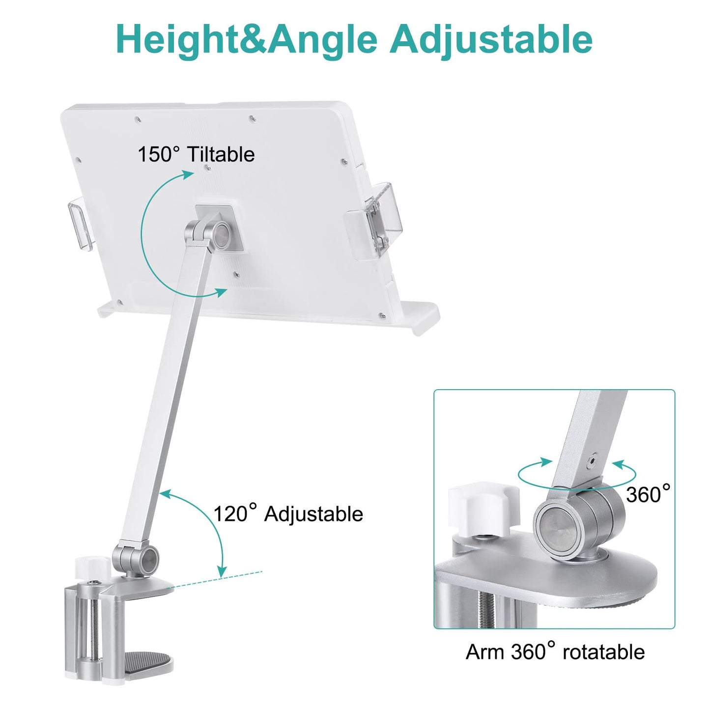 PATIKIL Book Stand for Reading, Metal Reading Rest Book Holder with Page Clips, Height Angle Adjustable, 360° Rotating Arm Suitable for Sheet Music, Laptop