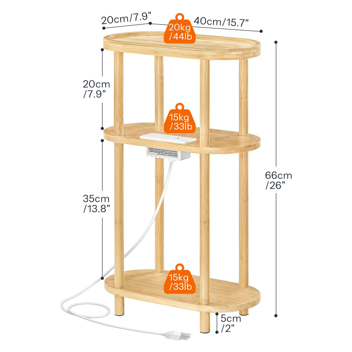 HOOBRO Small Narrow Side Table with Charging Station, 3-Tier Bamboo Narrow End Table, Slim Side Table for Small Spaces, Skinny Oval Nightstand for Living Room, Bedroom, Apartment, Natural YL178UBZ01