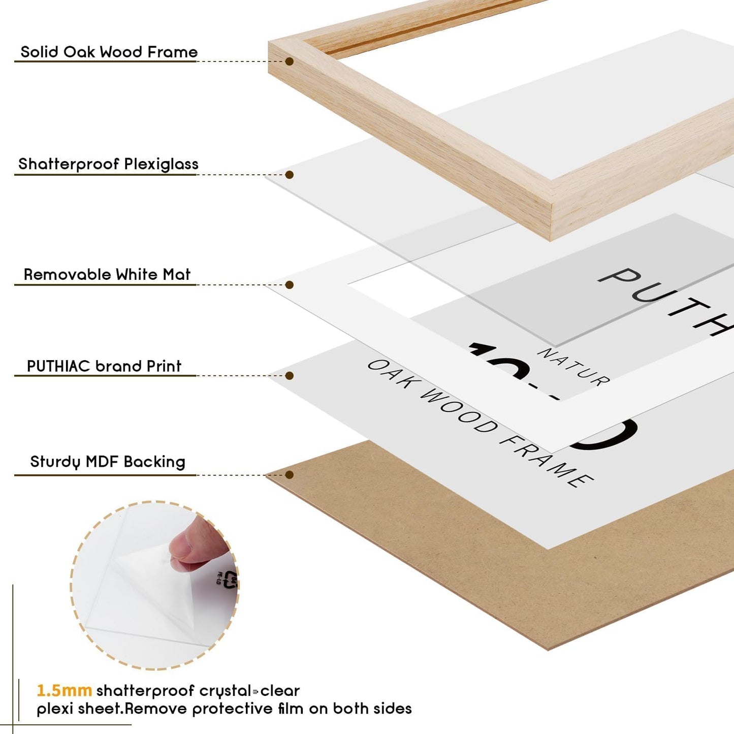 puthiac 10x10 Solid Oak Wood Picture Frame, Fits 6x6 with Mat or 10x10 Without Mat, Wall Display Only, Plexi Front, 1 Pack, Natural Oak