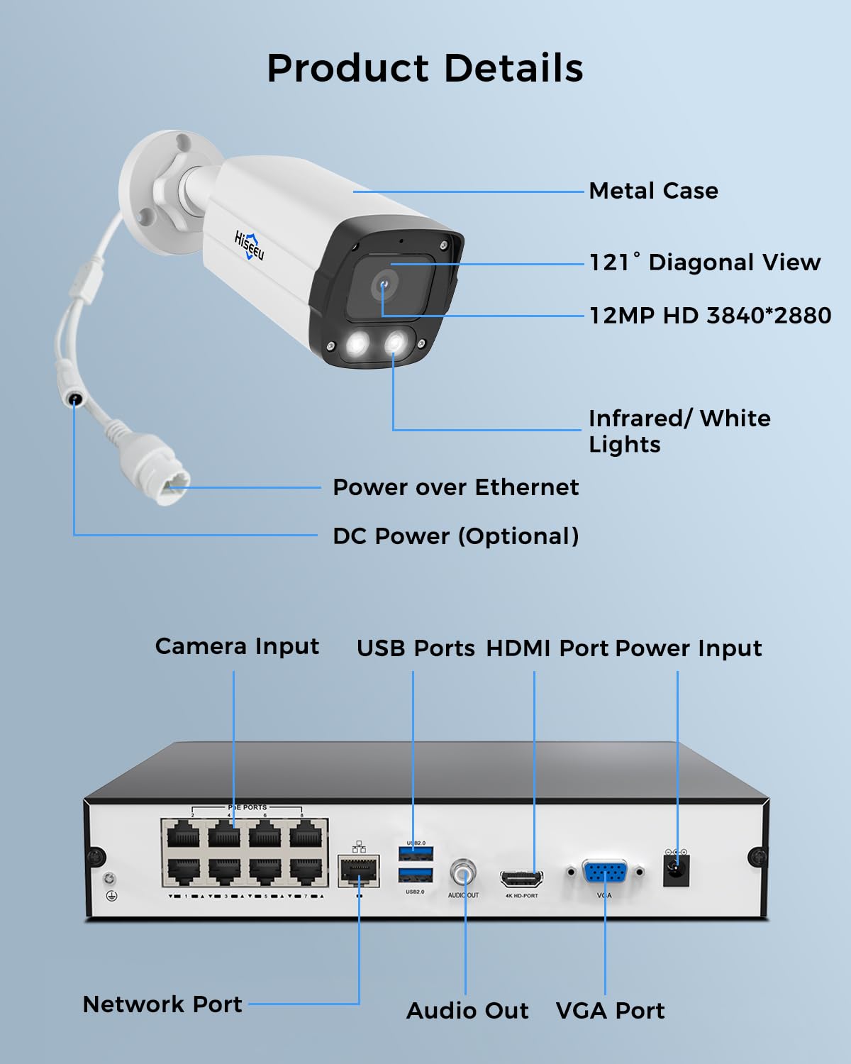 Hiseeu 12MP PoE Security Camera System, 8 Pcs 12MP Security Cameras, 121° Wide View, Person Vehicle Detect, 2-Way Audio, Soptlights Color Night Vision, 16 CH PoE NVR with 4TB HDD for Home Surveillance