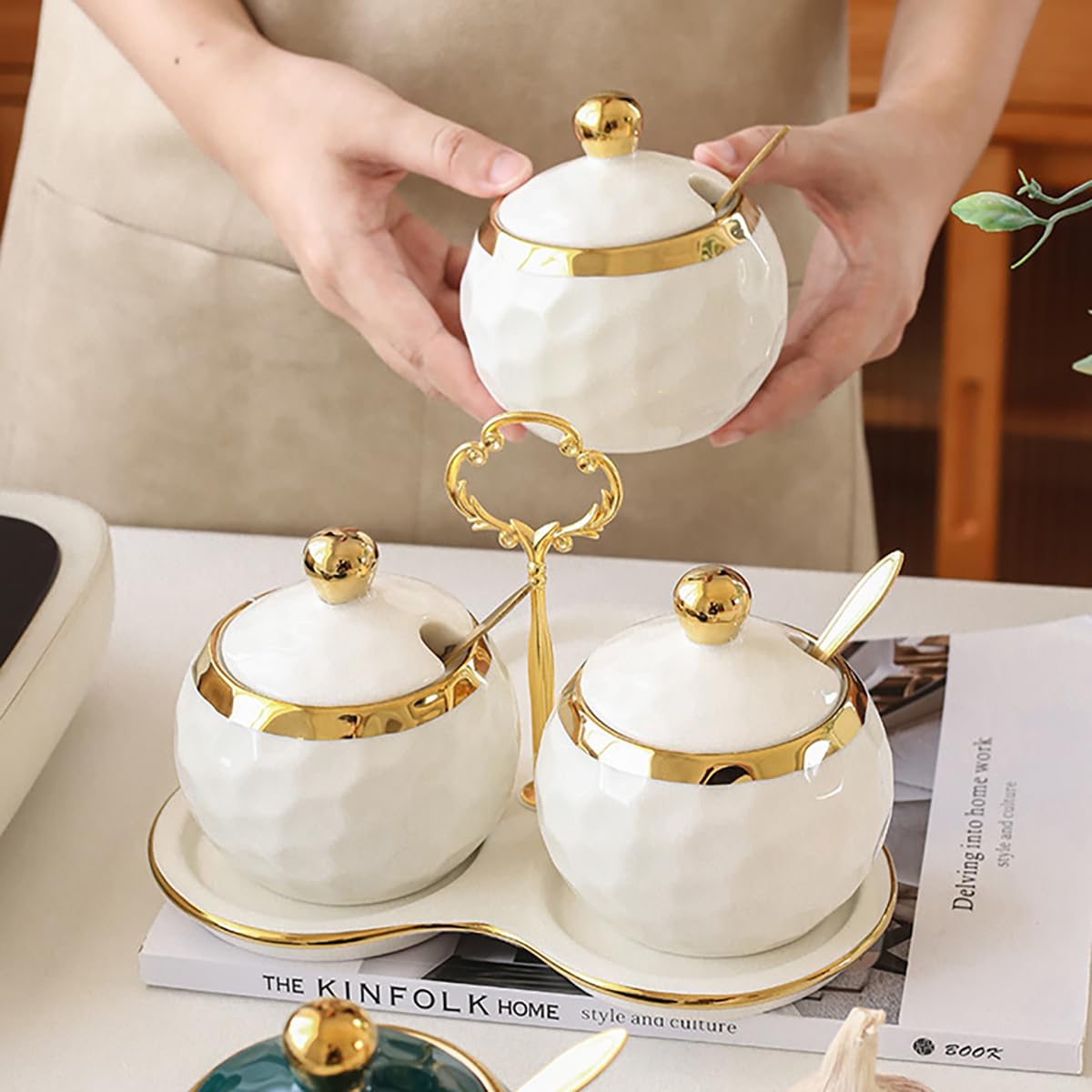 Foraineam Porcelain Condiment Pot Sugar Bowl Spice Jars with Lid, Spoon and Tray, Salt Container Spice Box Seasoning Pots, White Sugar Salt Bowls Set for Kitchen, Restaurant, Coffee Bar, Set of 3