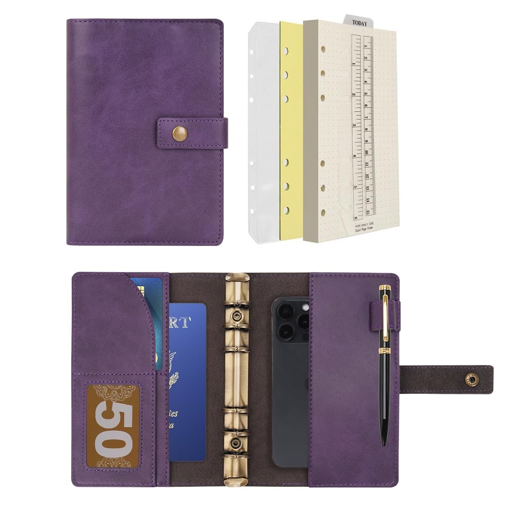 WONDERPOOL Leather Journal Dotted Paper Refillable Writing Binder Notebook - Leather Spiral Diary with Inner Organizer Pockets for Man and Woman (Purple, A6)