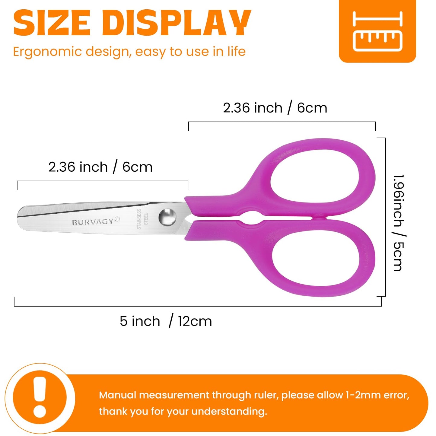 BURVAGY 180Pack 5" Small School Student Blunt Kids Craft Scissors, Sharp Stainless Steel Blades Safety Toddler Kid Child Comfort Grip Scissors Bulk for Children Cutting Paper