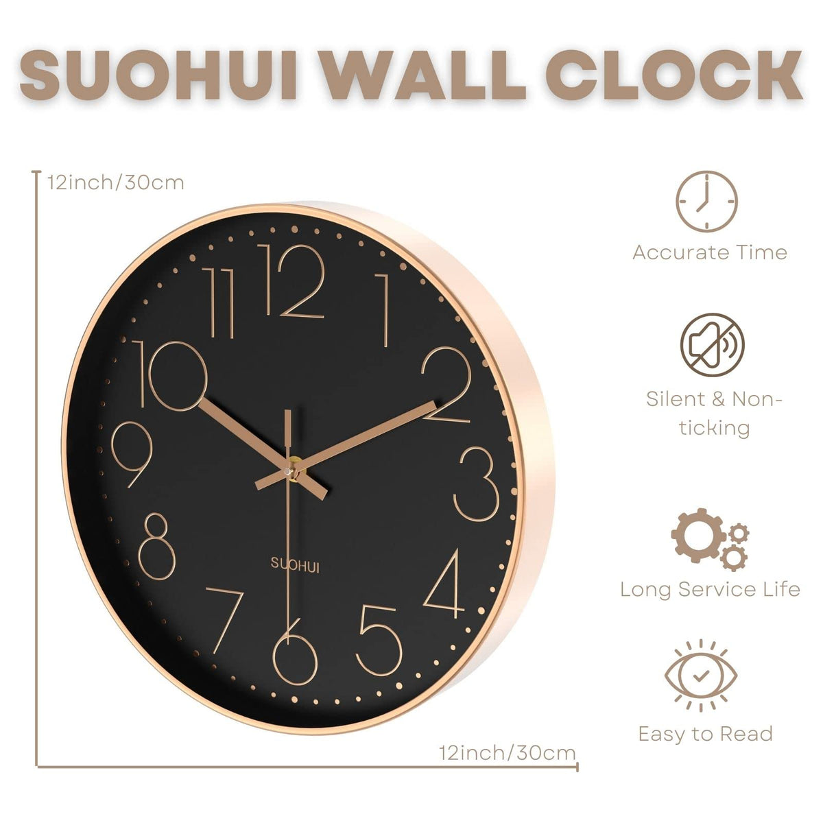 SUOHUI Silent Wall Clock 12 Inch Non-Ticking Wall Clocks Battery Operated for Living Room Decor Modern Wall Clock for Home/Bedroom/Office/Classroom/School/(Rose Gold)