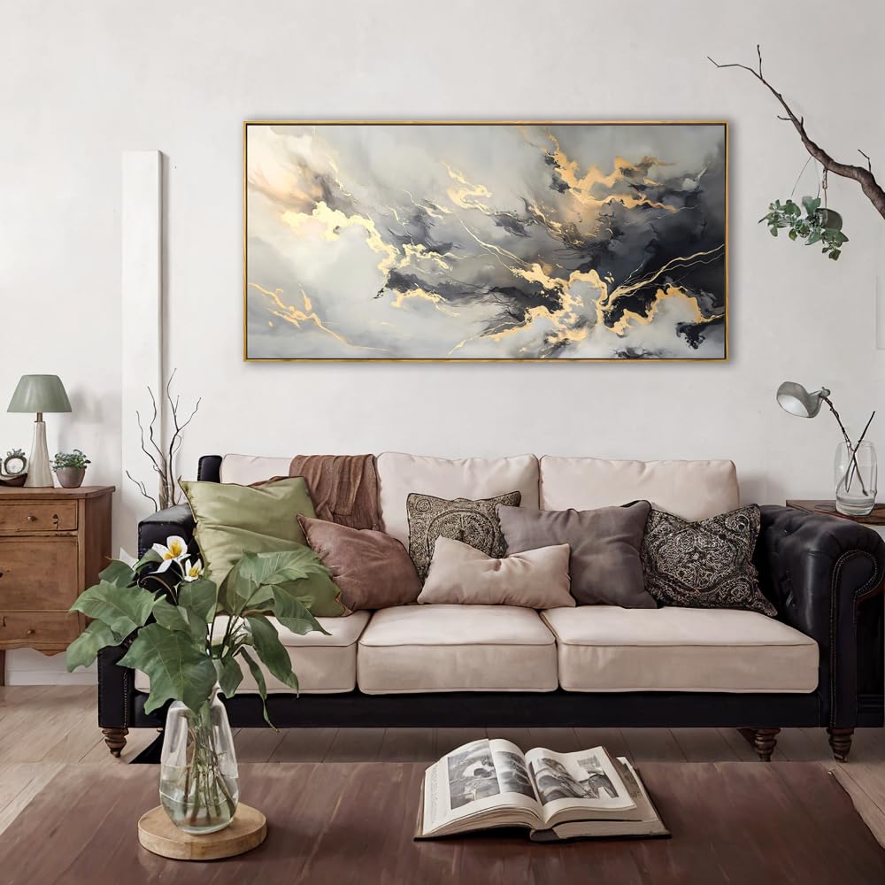 youkuart Wall Art Abstract Artwork Fluid Lines Marble Art Black and Gold Canvas Prints for Living Room Bedroom Dining Room Home Office Decor Large Framed Ready to Hang 20"x40"