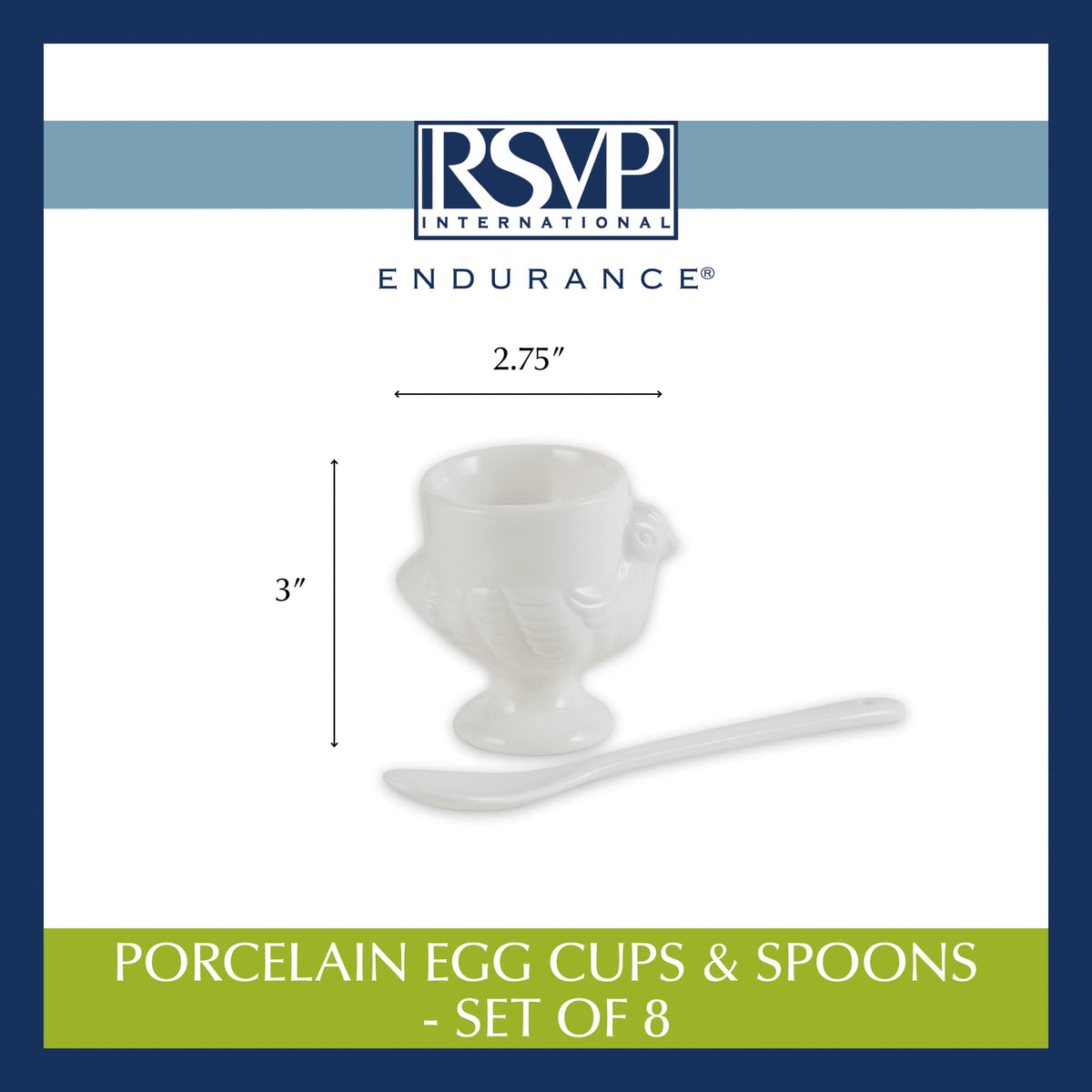 RSVP International Kitchen Accessories Collection Soft Boiled Egg, White Porcelain, Cup & Spoon Set, 8 Piece