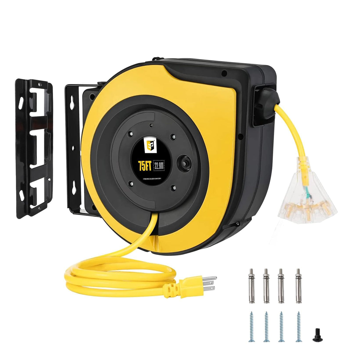 EP Retractable Extension Cord Reel,75 Feet 14 AWG/3C SJTOW Heavy Duty Power Cord,10 AMP Circuit Breaker, 3-Lighted Triple Outlets,Ceiling or Wall Mount Use Indoor, Yellow