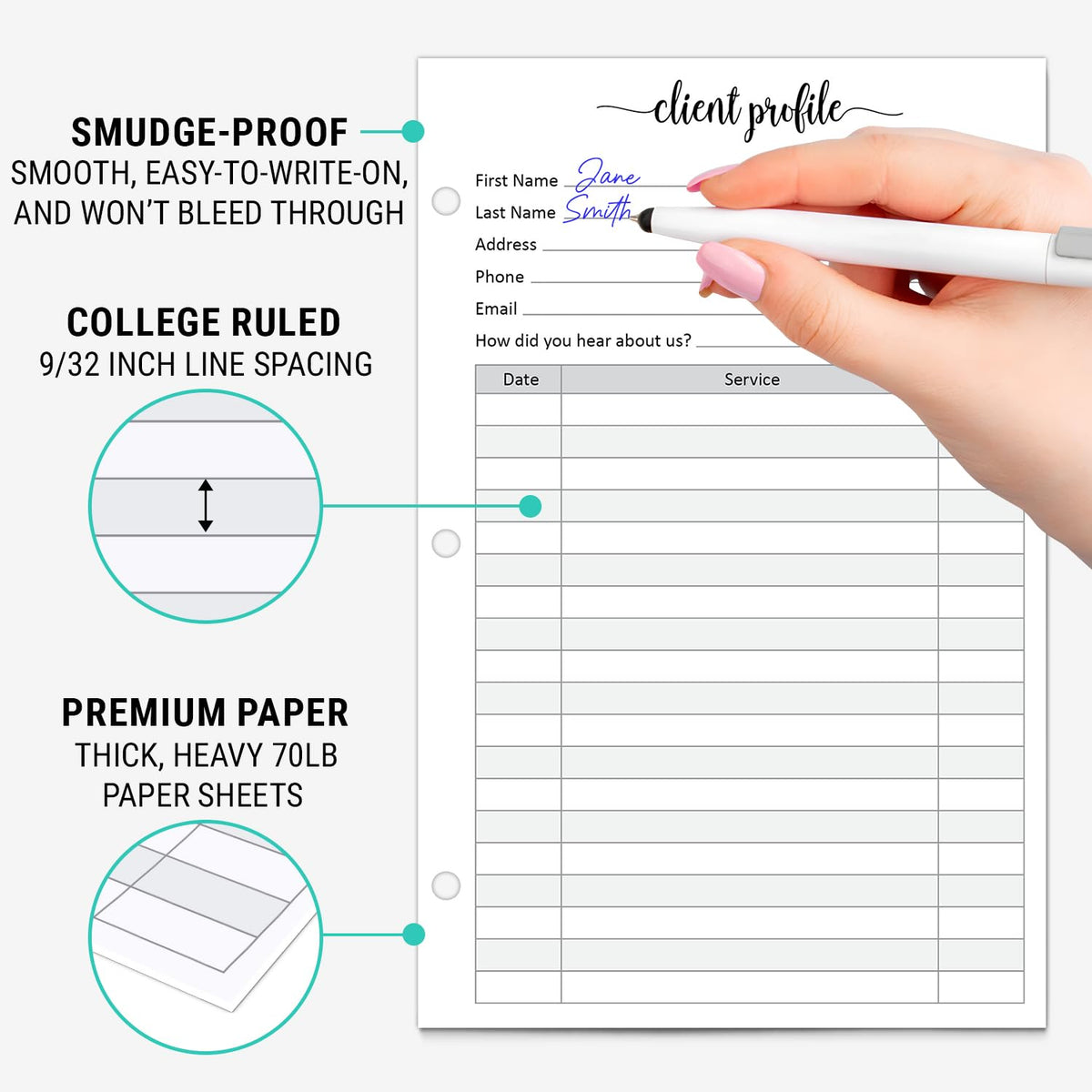 321Done Client Profile Cards, Made in USA - 5.5x 8.5, Customer Information Form, Three Ring Binder Insert Sheets for Small Business, Salon, Spa, Hairdresser, Stylist, Nail Salons Supplies - 50-Pack