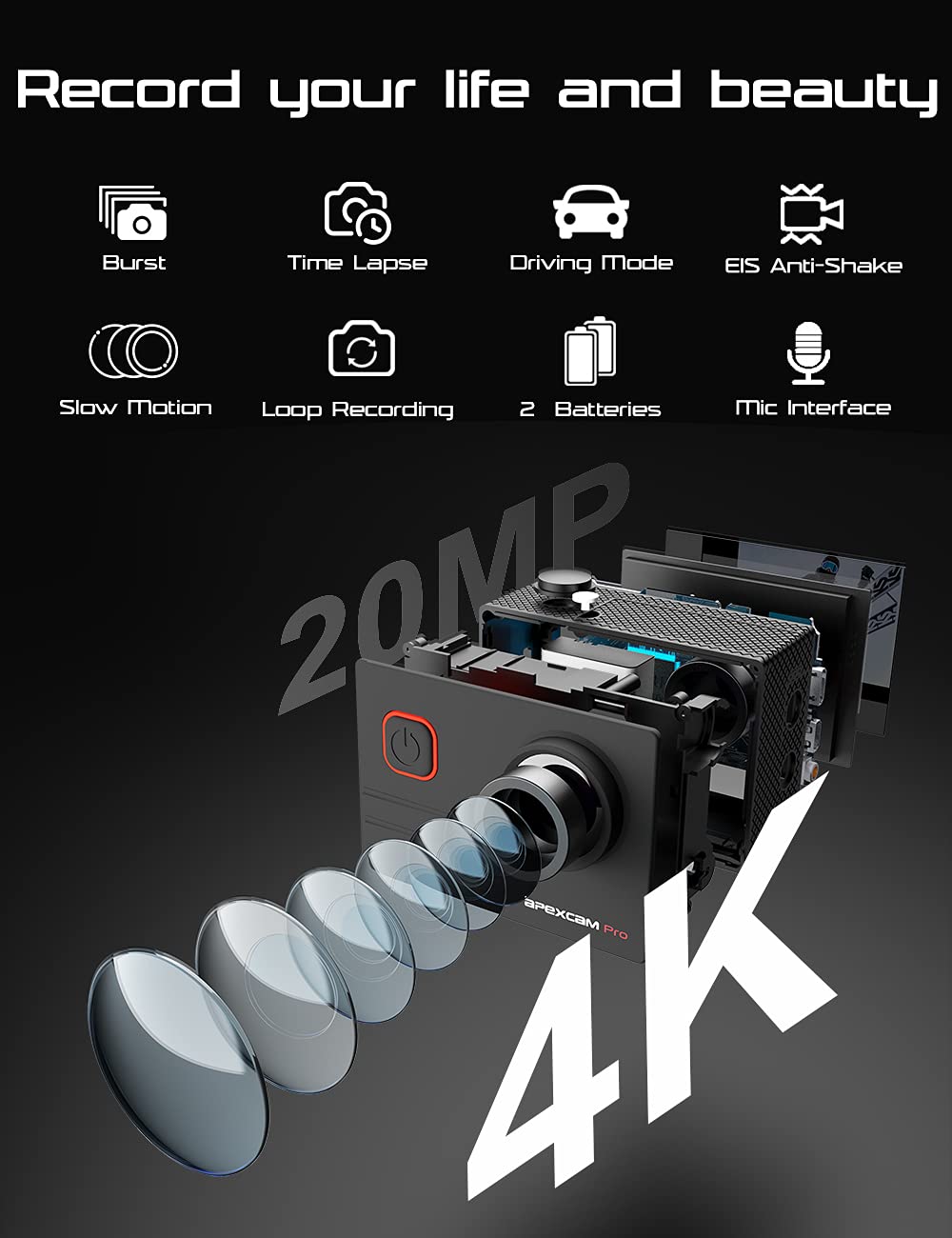 Apexcam 4K Action Camera - EIS Stabilization, 131FT Waterproof Underwater - WiFi Sport Helmet Camera (Selfie Stick, Remote Control, 2 Batteries & Accessory Kit)