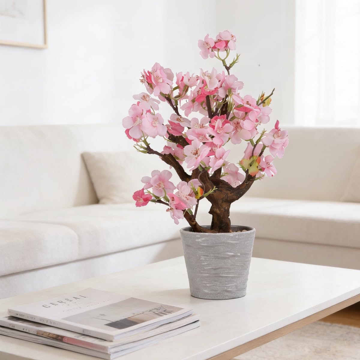 KAIRNE Artificial Pink Cherry Blossom Potted,13" Tall Fake Bonsai Flowers Tree,Lifelike Floral Faux Plants,Realistic Decorative Flowers Potted,Spring Decoration Home Office Desk Decor