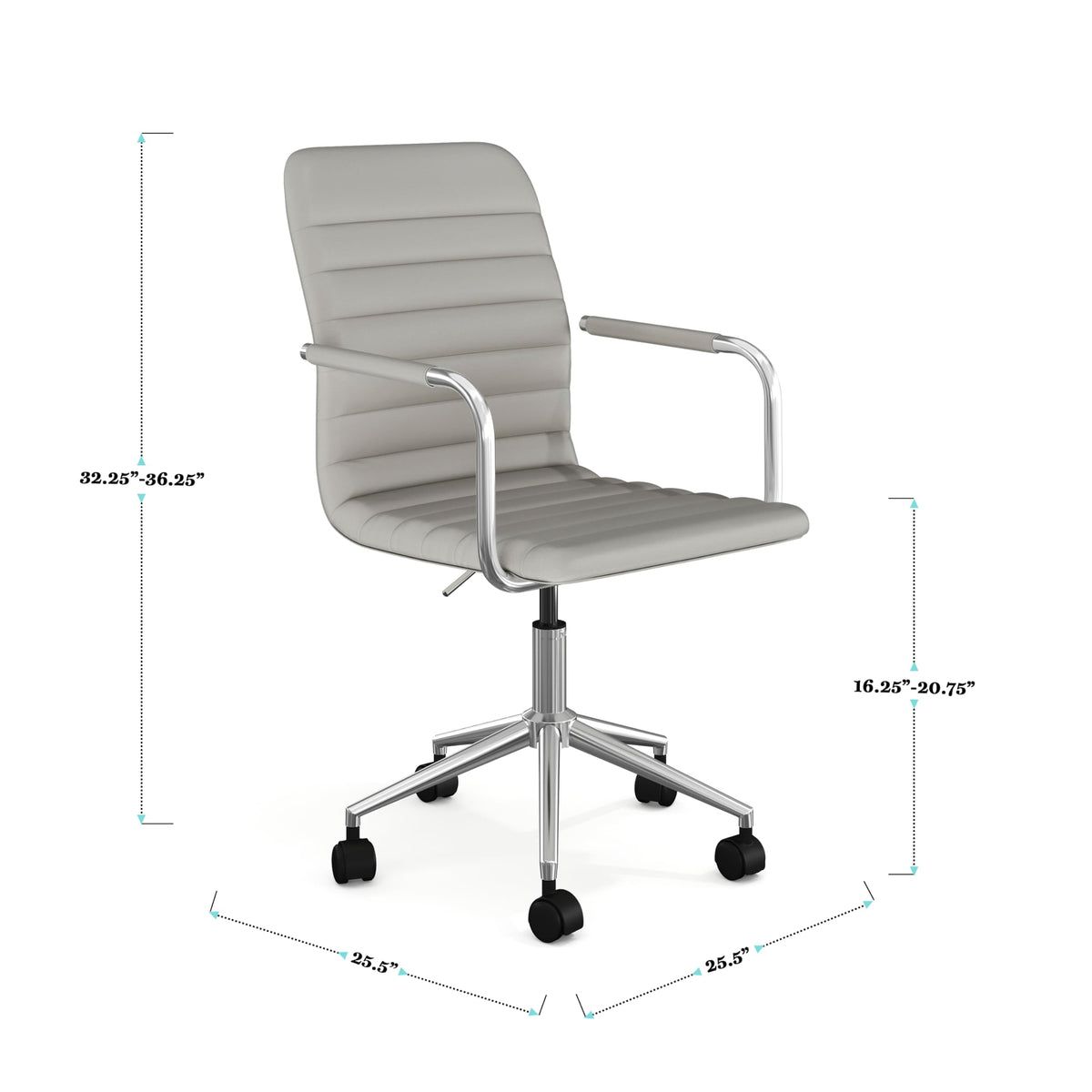 Martha Stewart Taytum Swivel Task Chair with Armrests for Home Office in Gray Faux Leather with Polished Nickel Frame