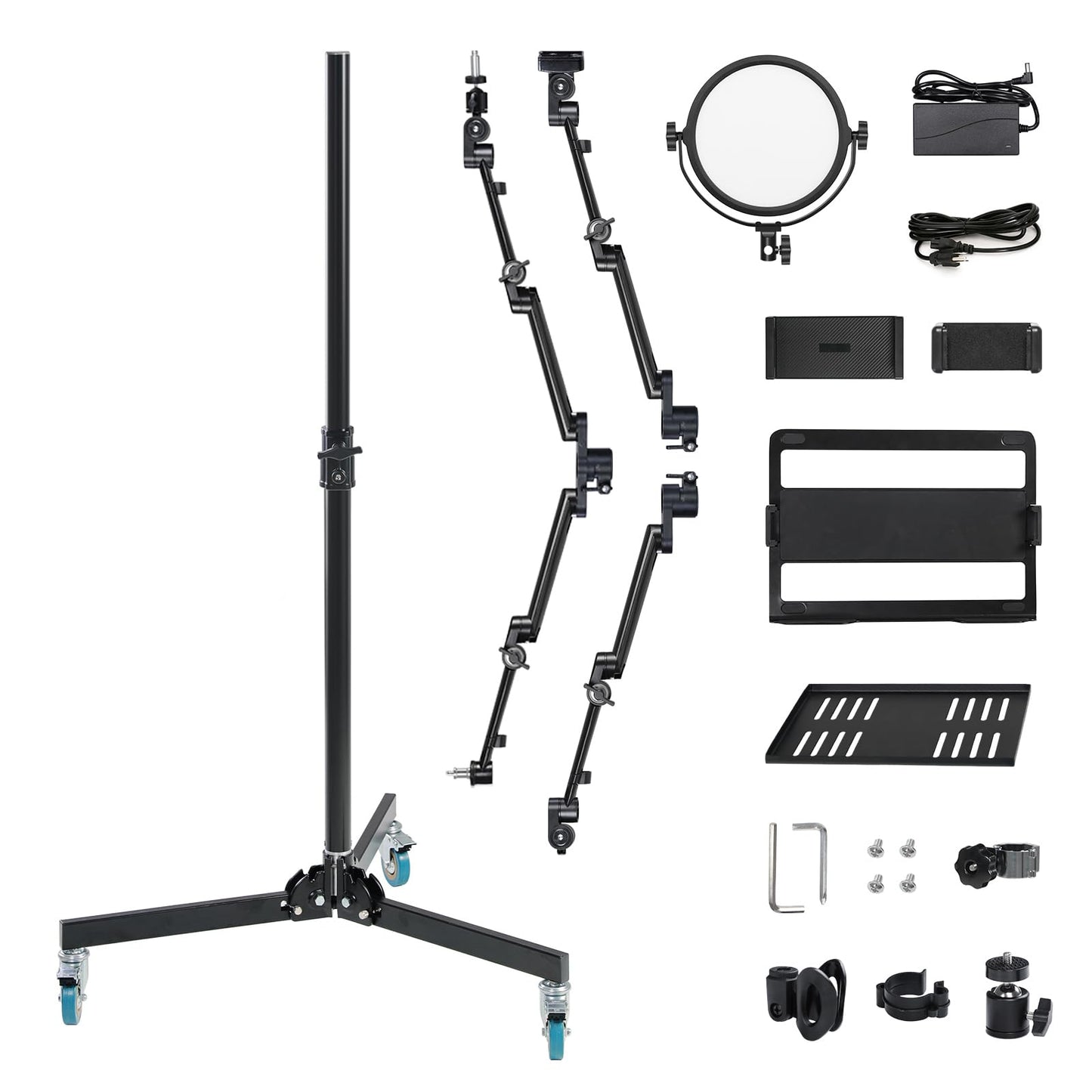 GVM 5-in-1 Movable Live Streaming Floor Stand Kit with Wheels, Overhead Camera Mount with 10" LED Key Light/Mic Boom Arm/Tablet Laptop Phone Stand/Tray for Live Broadcast Podcast Video Recording Game