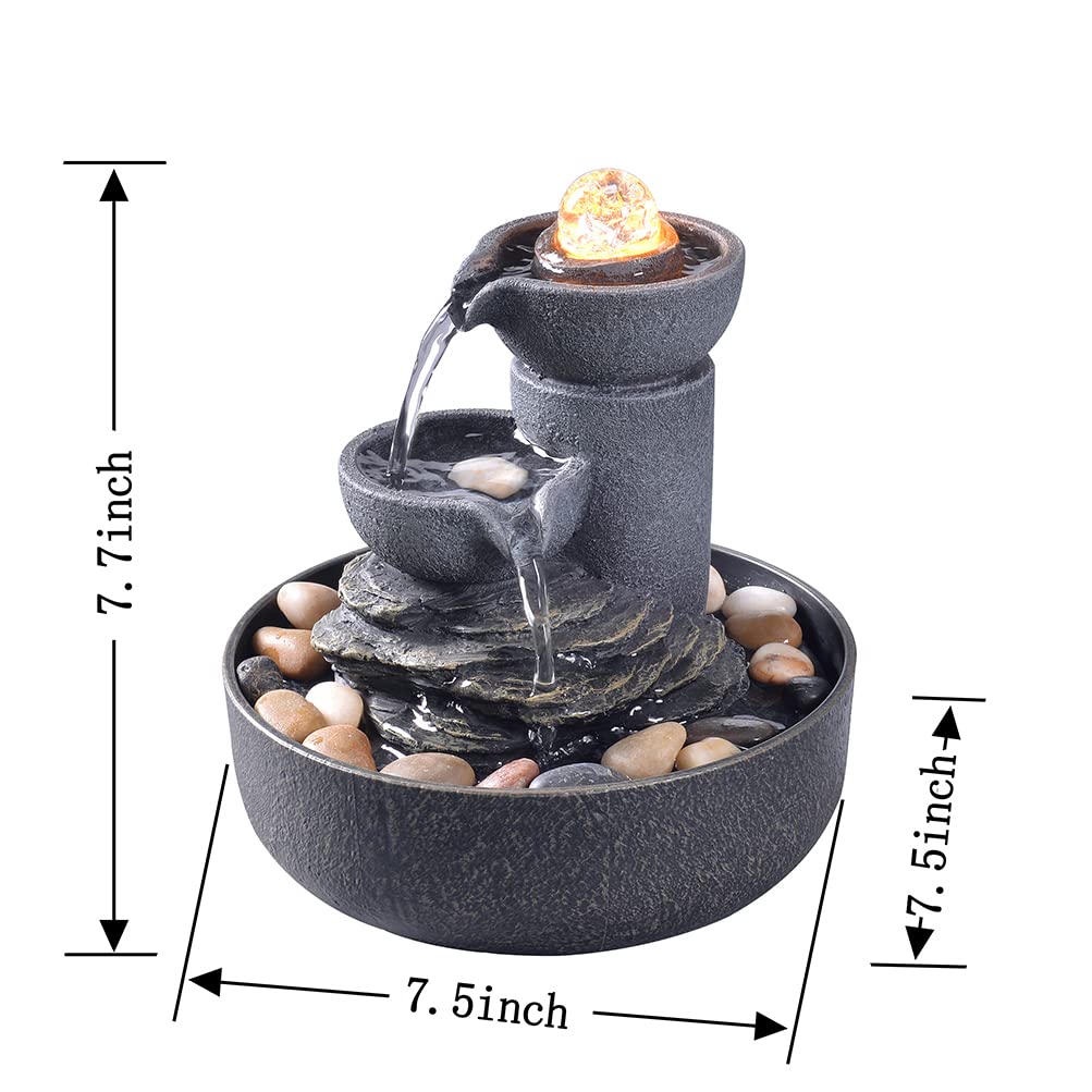 GOSSI Tabletop Water Fountain 2-Tier Indoor Waterfall Fountain with LED Light, Cobblestone & Glass Rolling Ball, Soothing Meditation Sounds for Office & Home Decor