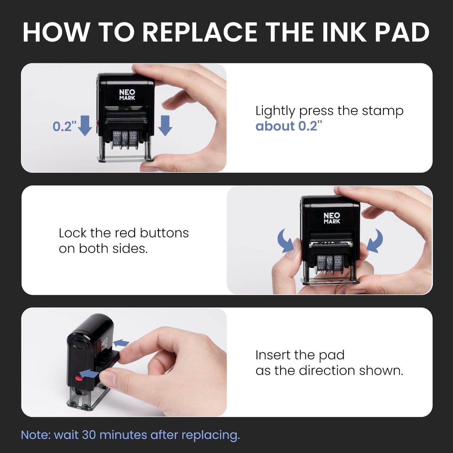 NEO MARK Self-Inking Date Office Stamp with Scanned Blue Ink & Date Red Ink, 12-Year Adjustable Rubber Dater, Ideal for Documents, Business & Accounting - with an Extra Refill Ink Pad