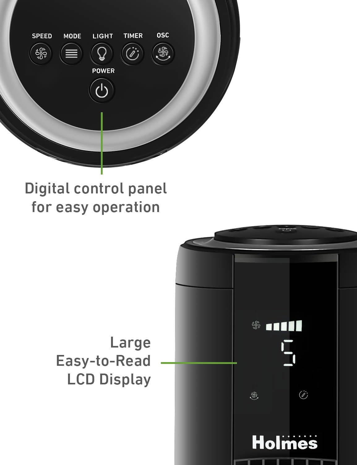 HOLMES 42" Digital Tower Fan with Accent Light, ClearRead Display, High/Low Brightness Level, 90° Oscillation, 5 Speeds, 4 Modes, 8-Hour Timer, Home, Bedroom or Office, Remote Control, Matte Black