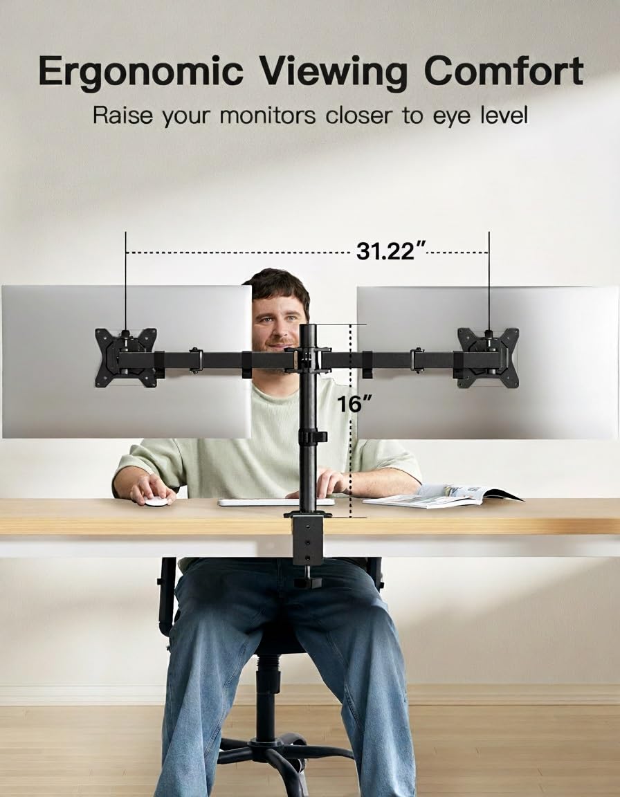 HUANUO Dual Monitor Mount for 2 Monitors up to 32 inches, Heavy Duty Dual Monitor Stand Holds up to17.6lbs, Dual Monitor Arm with Height Adjustable Tilt Swive Rotate, VESA Hole 75mm or 100mm