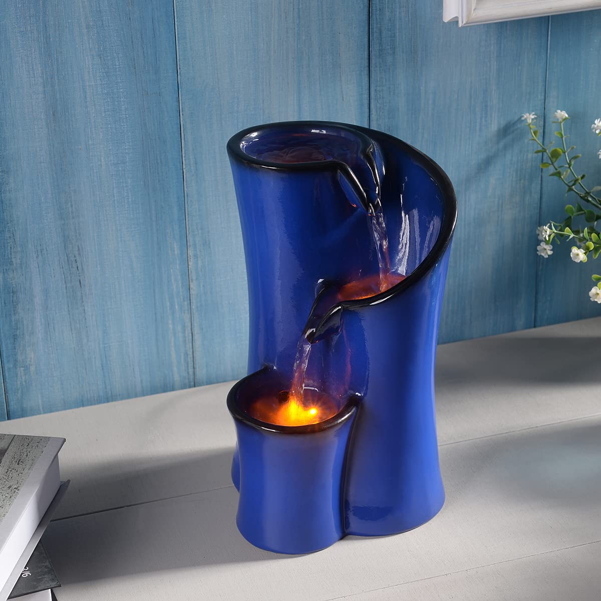 Indoor Water Fountain Imitation Ceramics Appearance Tabletop Relaxation Desktop Waterfall w/ 3 Reflective led, 9.8 Inch Tall (Blue)
