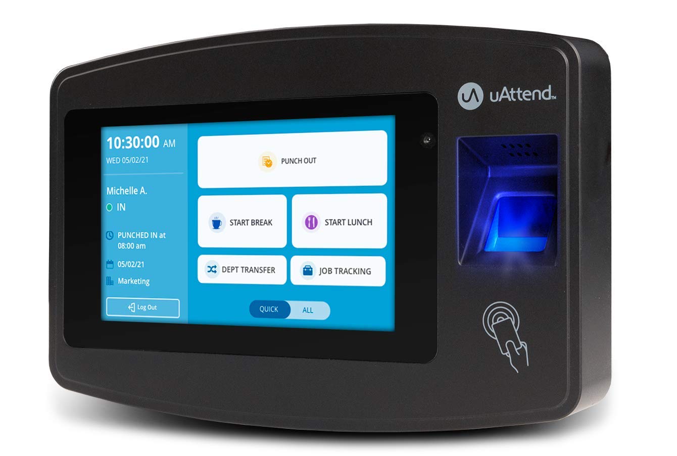 uAttend JR2000 Biometric Fingerprint, RFID, PIN Time Clock for Small Business – Cloud-Based Attendance System with Optional Payroll Integration – All-in-One System