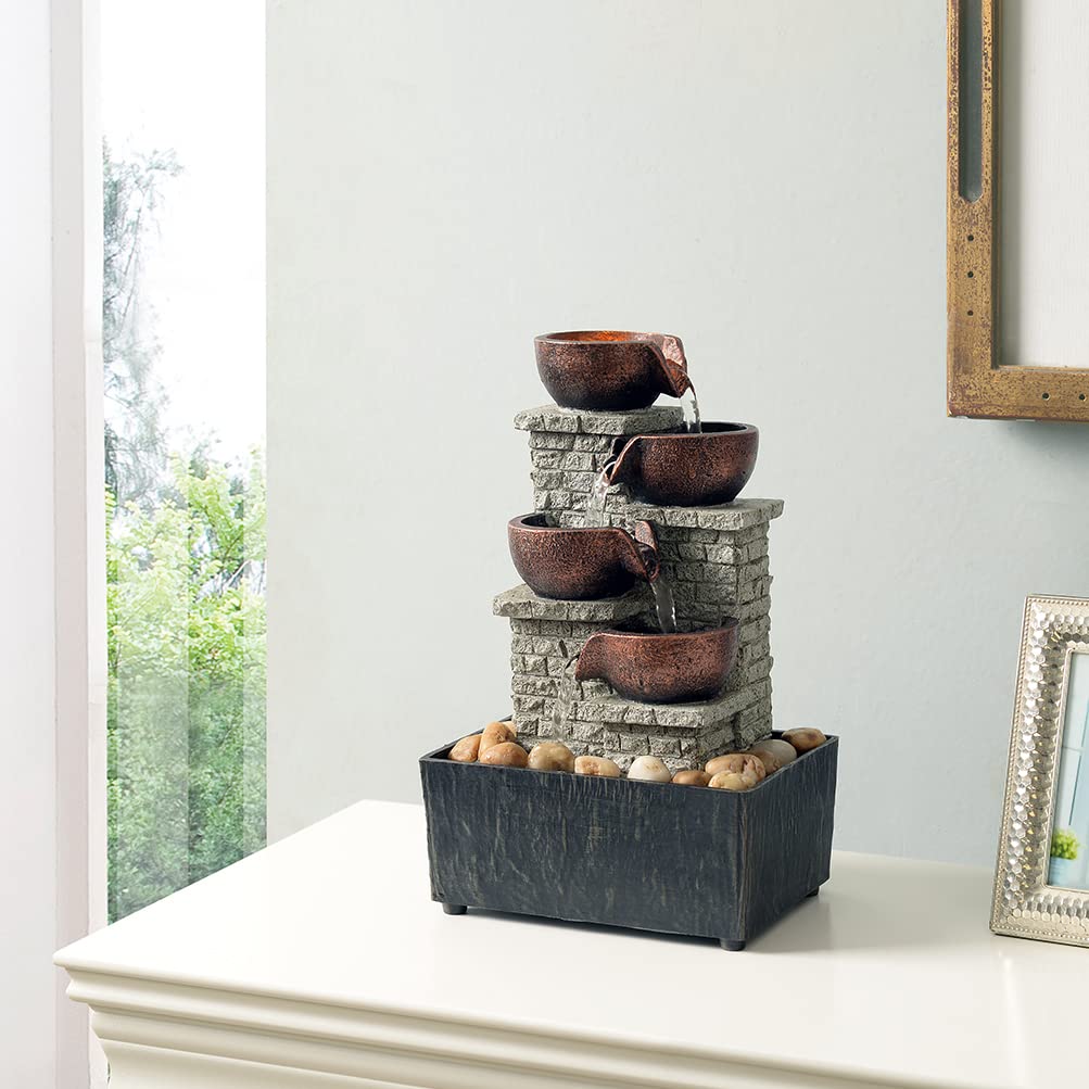 Kalona 4-Tier Indoor Waterfall Tabletop Fountain with LED Lights and Natural Rocks, Cascading Bowl Desk Fountain for Home and Office Decoration, Relaxing Water Feature (21132B)