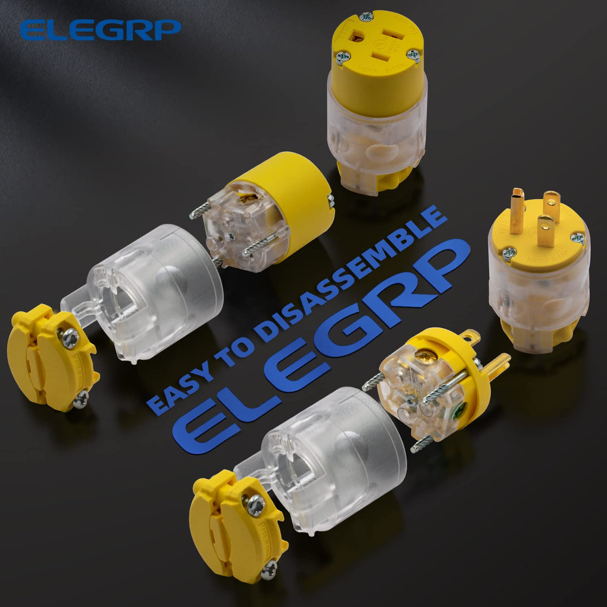 ELEGRP Lighted Straight Blade Electrical Plug and Connector Set 15 Amp 125 Volt NEMA 5-15P NEMA 5-15R 2 Pole 3 Wire Grounding, Commercial Grade, Yellow, 5 Set