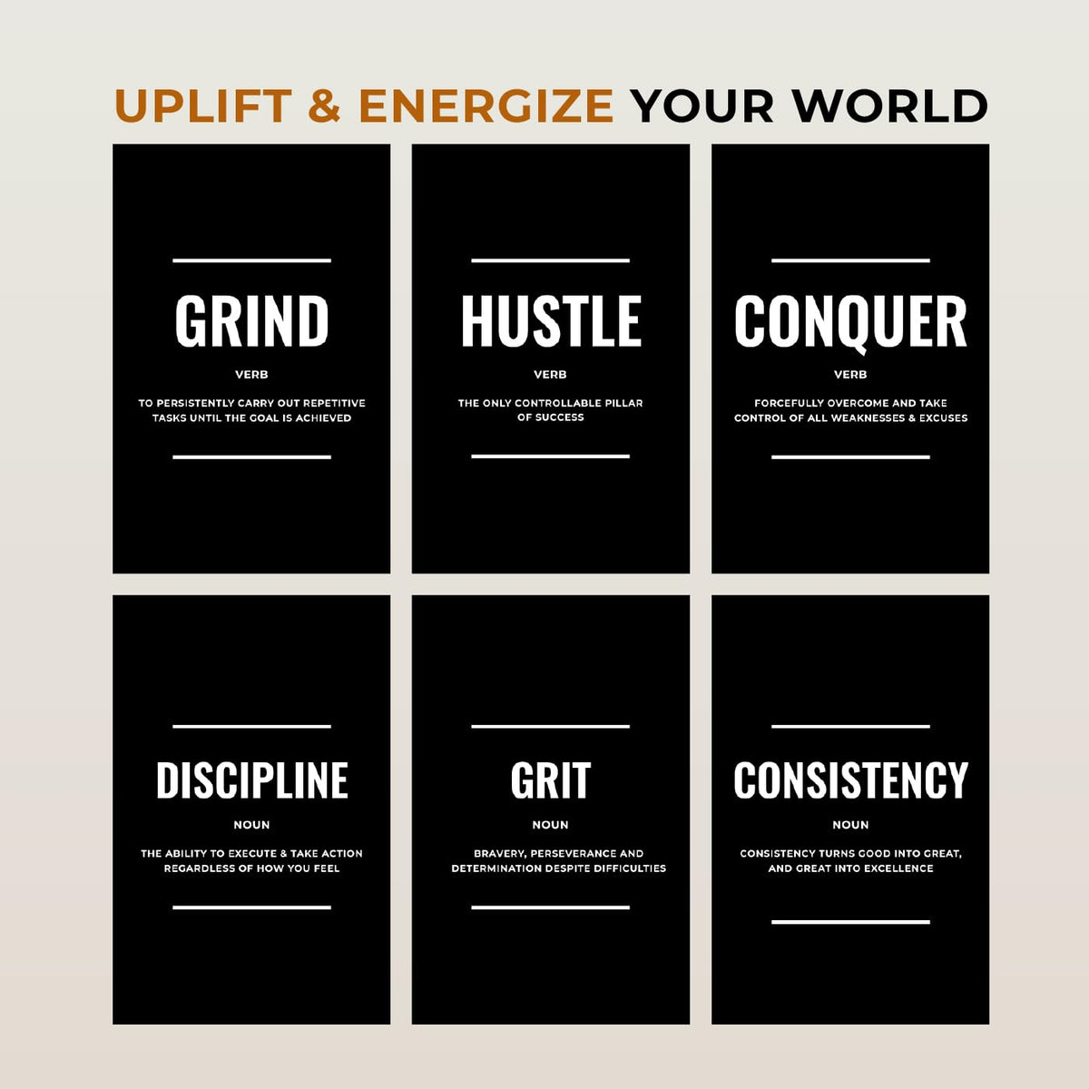 Black and White Motivational Posters Set of 6 - Inspirational Wall Art Prints for Men | Hustle Grind Discipline Office, Home Gym & Bedroom Decor | Bold Monochrome Quotes | ThrowbackTraits