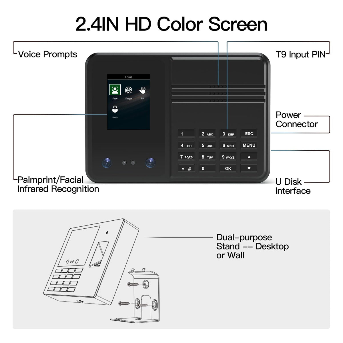 BISOFICE Time Clock Attendance Face Recognition with Password Palm Print Facial for Employees Access Control Machine Support Multi-Language System USB Port Data Management Device