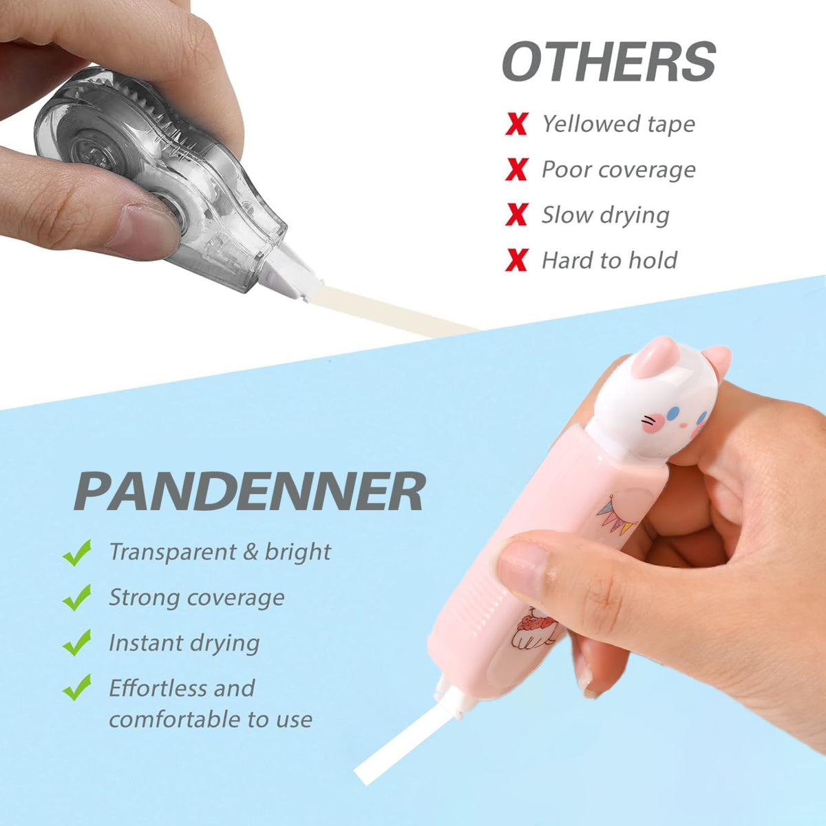 PANDENNER Correction Tape, Mini Retractable Correction Tape Pen, with Aesthetic Cute Cat Applicator,for Back To School Office Supplies.
