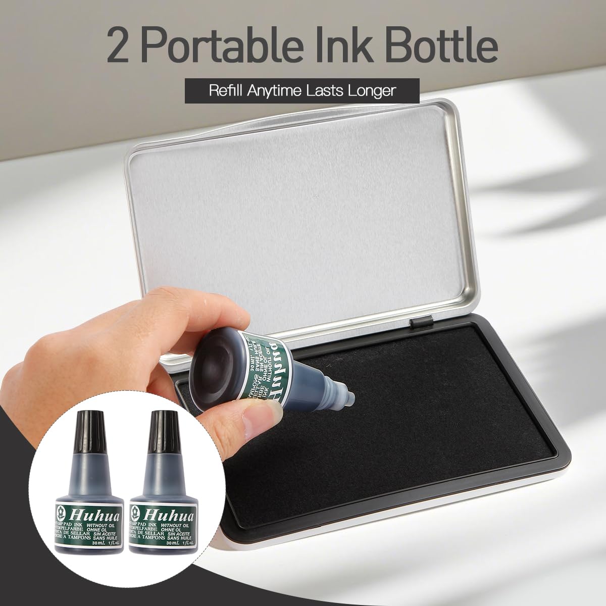 Melispapa Large Black Stamp Ink Pad Set - 1 Black Stamp Pad & 2 Black Ink-Refills (2 oz), 6.2" x 3.9" Large Ink Pad for Rubber Stamps, Non-Toxic, Washable, Waterproof & Permanent