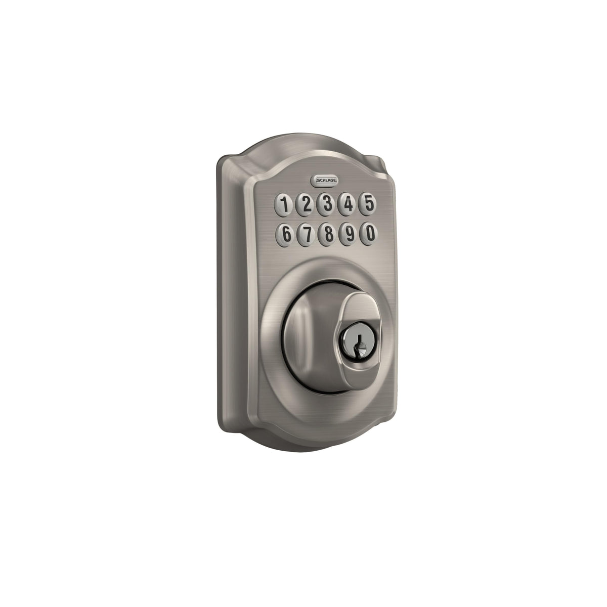 Schlage Camelot Electronic Keypad Deadbolt Lock, Keyless Front Door Entry, Mechanical Key Backup Included, Satin Nickel, BE365 V CAM 619