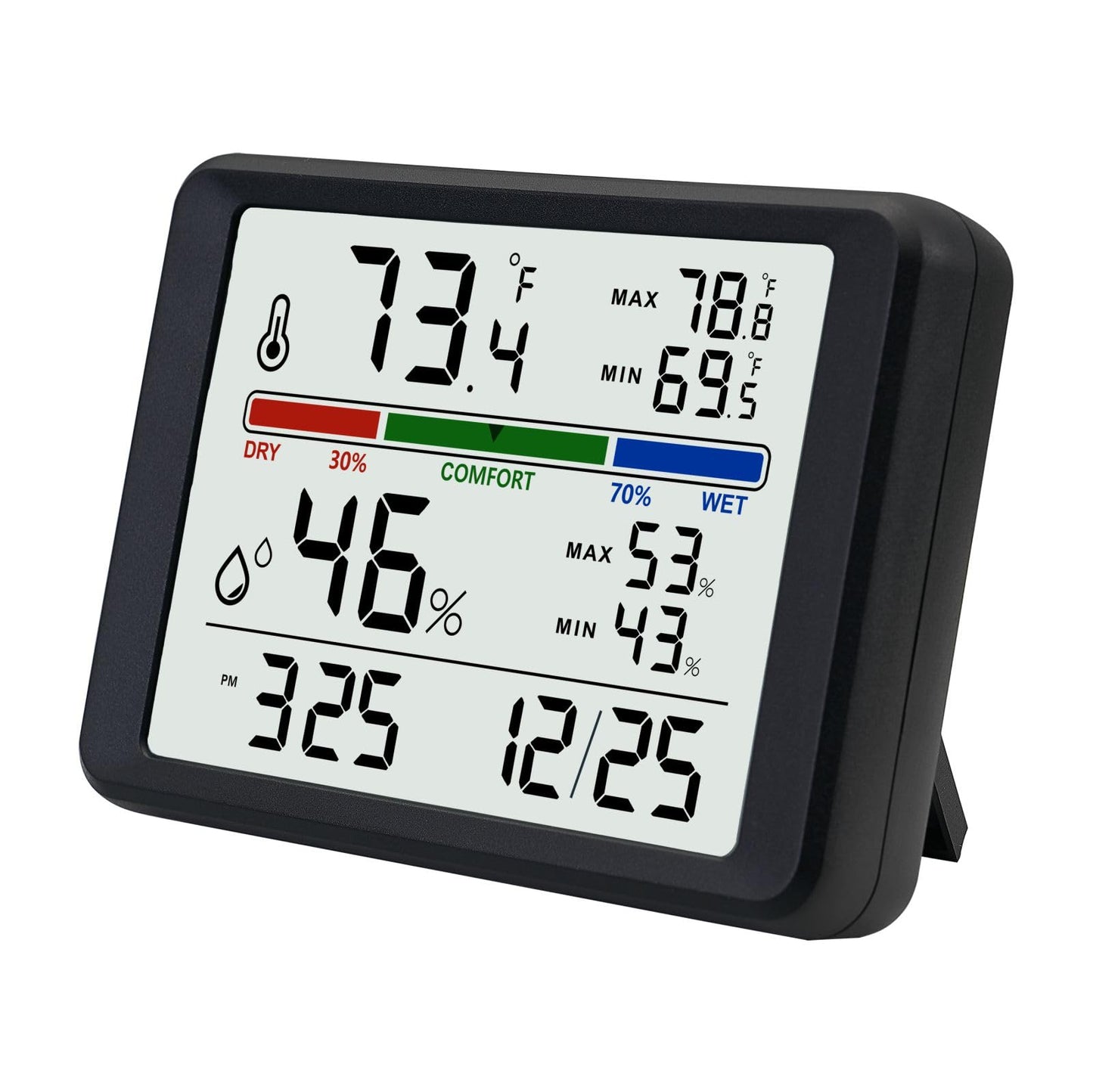 Digital Thermometer Hygrometer, Plumeet Indoor Wall Thermometer with Backlight, Digital Alarm Clock, Date, Air Comfort Indicator, Max Min Record, Desktop Thermometer for Home, Black