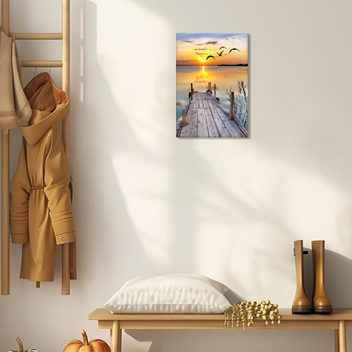 Sunset Wall Art Lakeside Pier Trail Canvas prints Sunset Nature Landscape Painting for Home Living Room Bedroom Office (12x16 inch) Framed