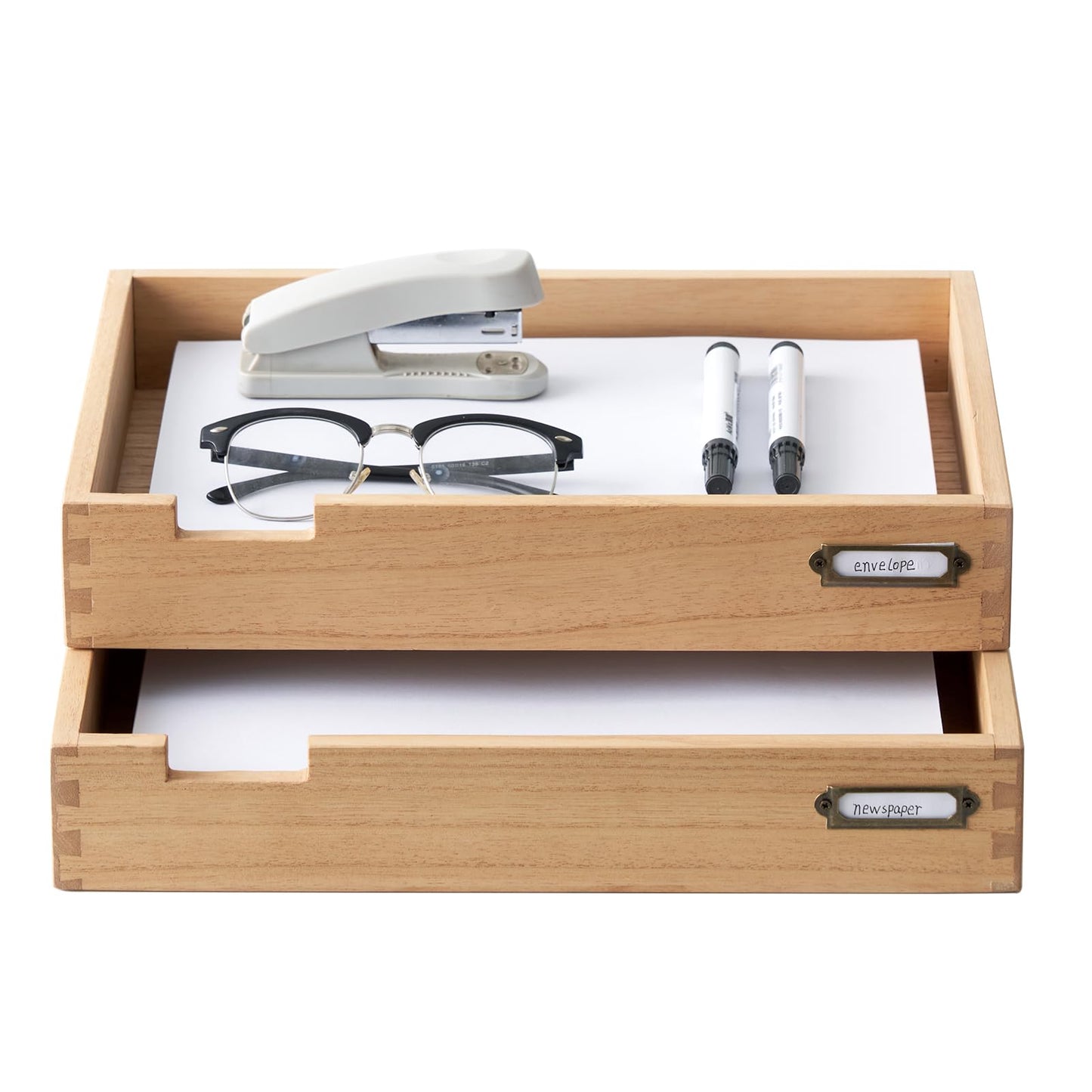 KIRIGEN Wood Desk Organizer Set of 2 Stackable Paper Tray Desktop Document Storage Wooden Letter Trays 2TTP-NA