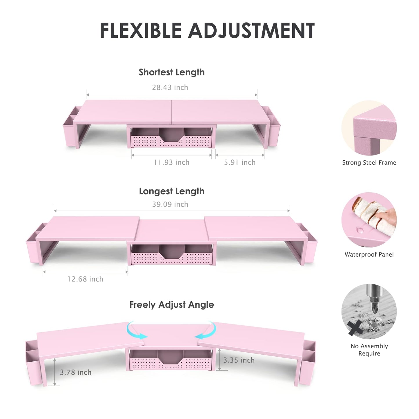 OPNICE Desk Organizers and Accessories, Dual Monitor Stand Riser with Drawer and 2 Pen Holders, Desk Shelf Metal Computer Racks for Office Workspace Organizers, Desktop Organization (Pink Metal)