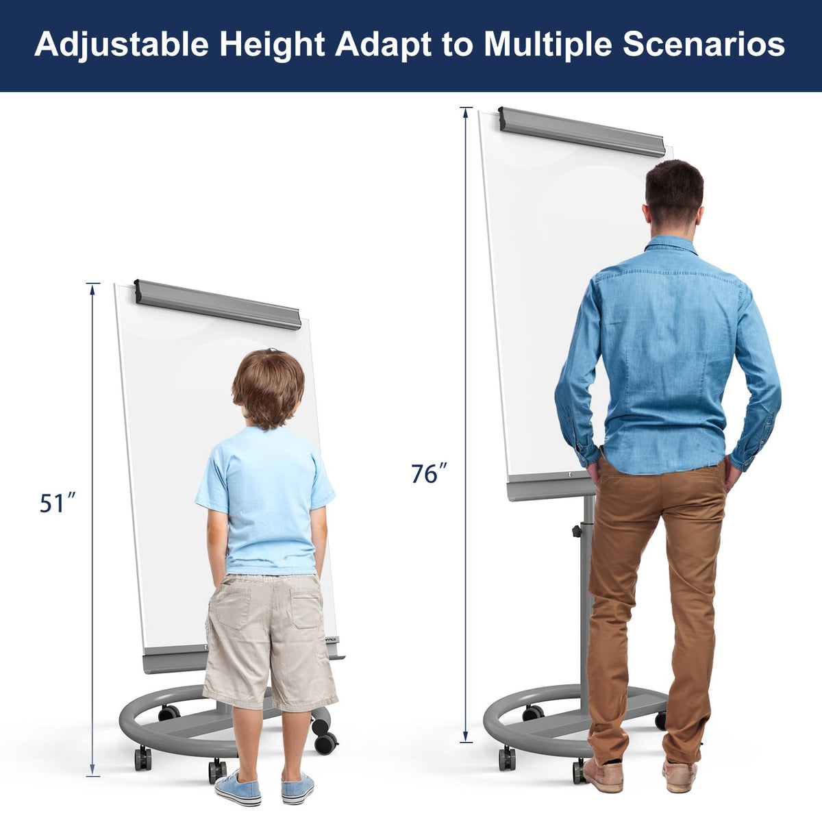 TSJ OFFICE Rolling Whiteboard Standing - 40 x 26 Inches Magnetic Mobile White Board with Stand, Height Adjustable Dry Erase Board on Wheels with Paper Clamp on Top, Gray