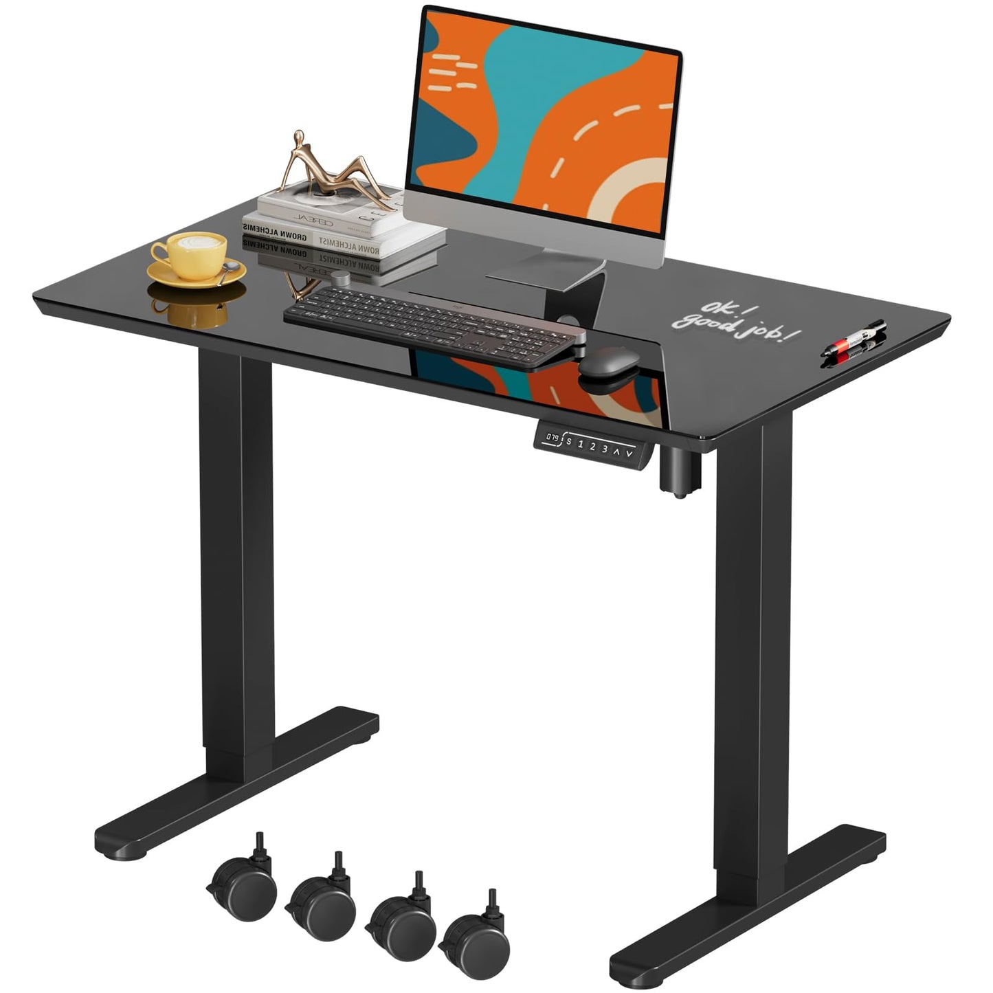 JOY worker Small Glass Standing Desk, 35" x 20" Electric Whole Piece Height Adjustable Desk with 4 Lockable Casters, Mobile White Sit to Stand Workstation for Home Office, Black