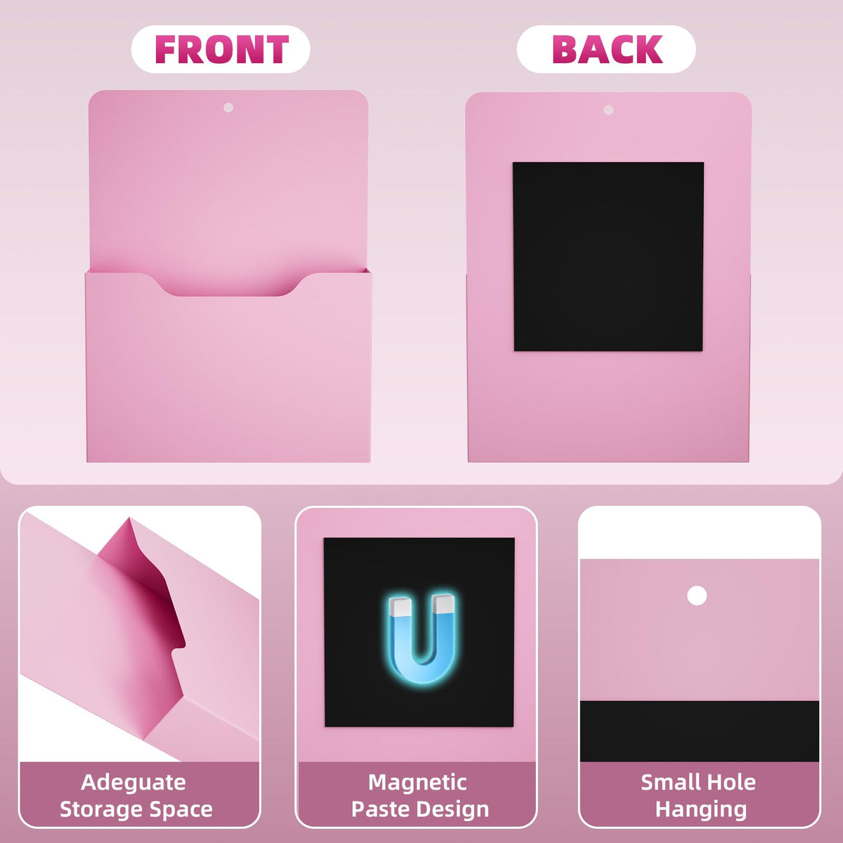 Marbrasse 2 Pack Magnetic File Holder - Paper Holder, Pocket Organizer,Hanging Wall File Organizer Office Supplies Storage, Magazine Mail Organizer Case for Notebooks,Planners,Letter (Pink)
