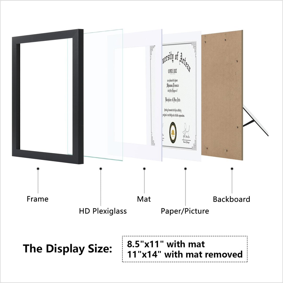 CORE ART 11x14 Black Certificate Frames with Mat,Display Diploma 8.5 x 11 or Document 11 x 14 without Mat,Multipack College Degree Frames for Wall or Tabletop Display,Set of 4