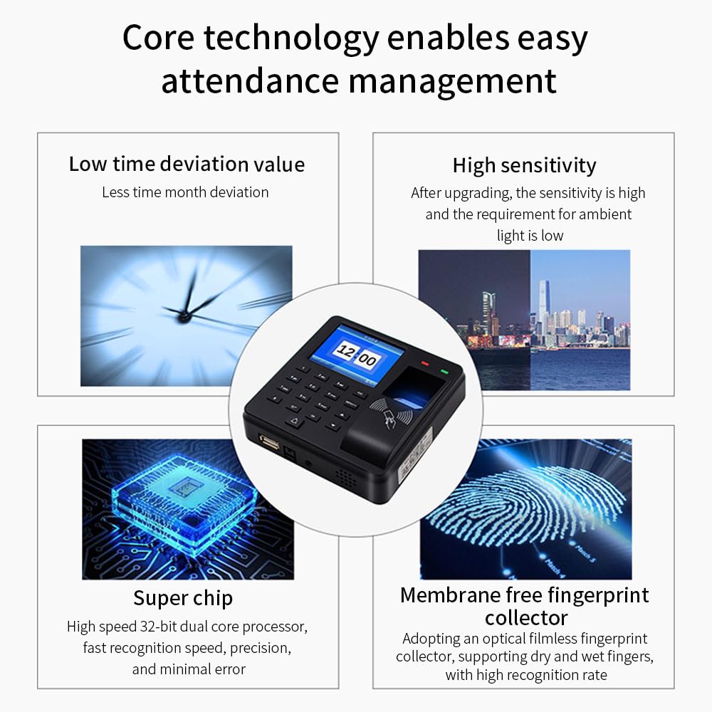 Access Control Time Attendance Machine Fingerprint Recognition/Password/Card Time Clock Employee Check-in Recorder with 10PCS Thick Card